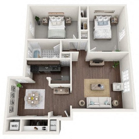 Floor plan for 2 beds, 1 bath, 945 sqft